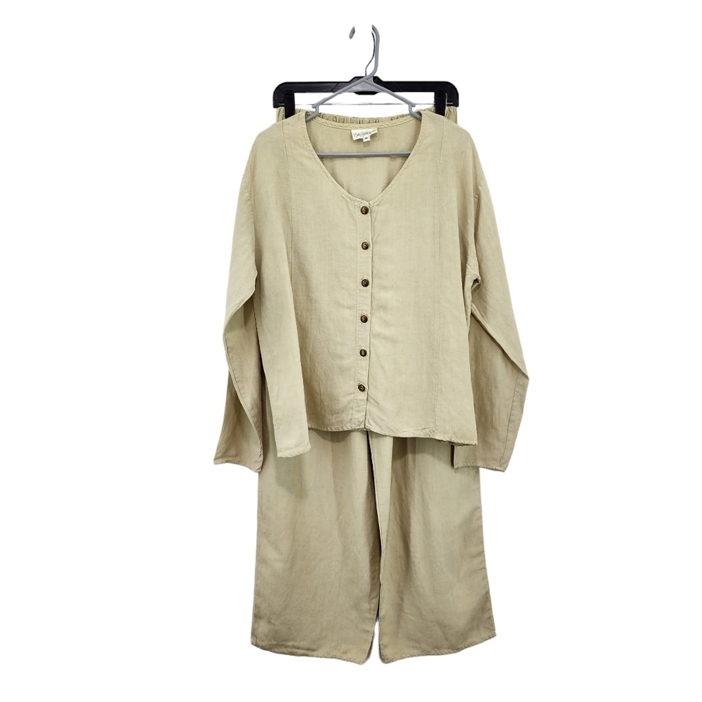 Cachaca Women's Silk Linen Blend Peasant Style Relaxed Fit Top & Pants Set- M